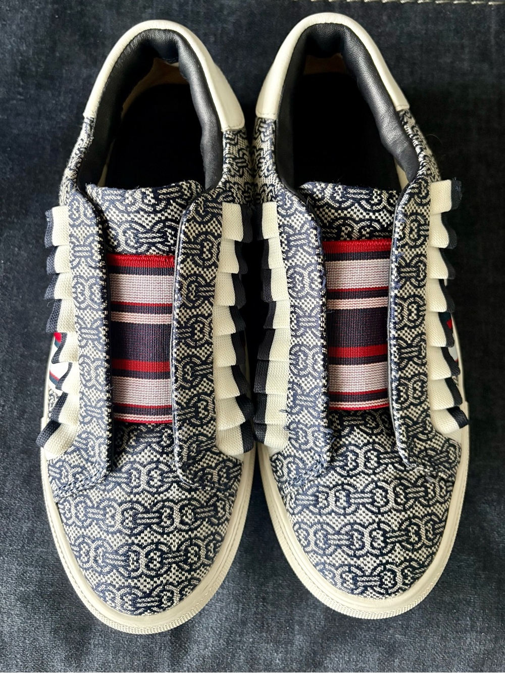 VGUC- Tory Sport Navy and White Patterned Slip-On Sneakers with Red Stripe,8
